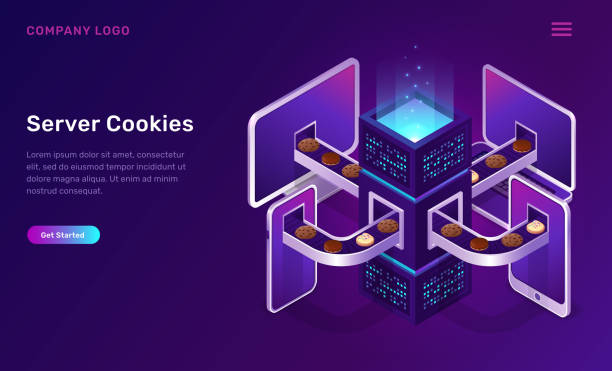 ilustraciones, imágenes clip art, dibujos animados e iconos de stock de tecnología de cookies de servidor, concepto isométrico - purple belt