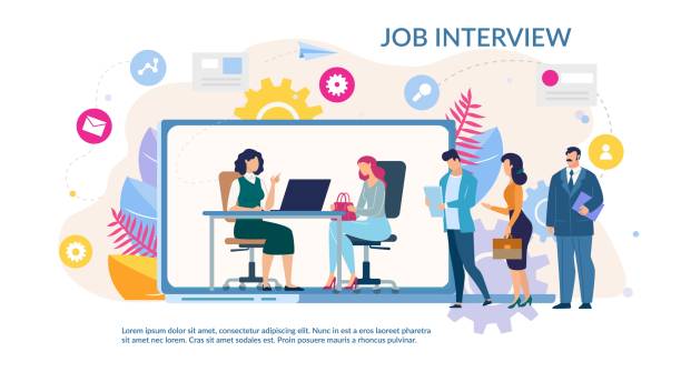 Online Job Interview Service Trendy Flat Webpage Online Job Interview Service Trendy Flat Webpage. Cartoon Female HR Manager Interviewing Candidate over Huge Digital Tablet Screen. Long Job Seekers Queue. Hiring Process. Vector Illustration interview event designs stock illustrations