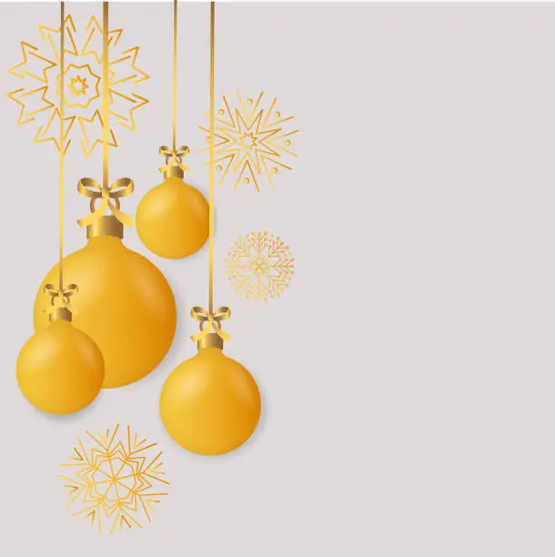 Vector illustration of Christmas background. Gold Christmas toys hanging on a ribbon and snowflakes in the background. Vector image