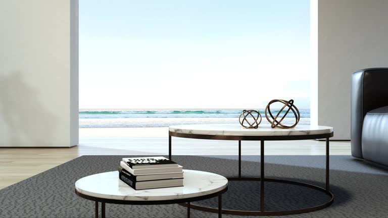 Sea View Living Room Of Luxury Summer Beach House With Black Sofa ...