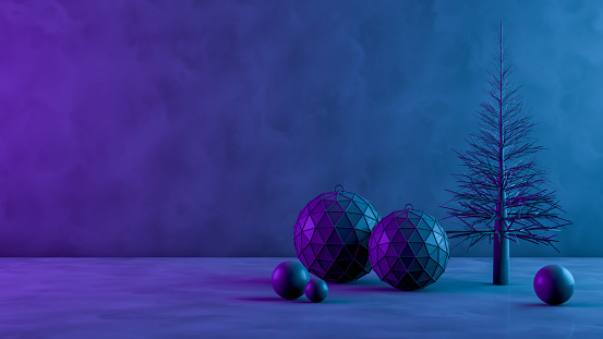 3d rendering of Christmas tree and ornaments with neon lights on dirty black background. Grunge image technique.