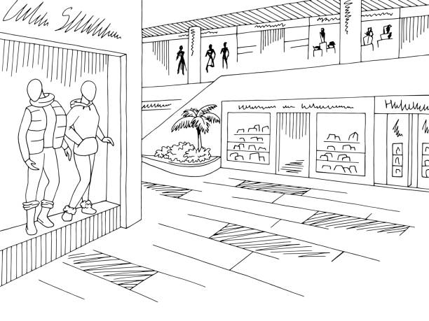 ilustrações de stock, clip art, desenhos animados e ícones de shopping mall graphic black white interior sketch illustration vector - boutique fashion indoors shopping