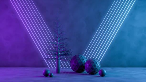 istock 3D Christmas Tree and Ornaments with Neon Lights on Black Background 1184324824