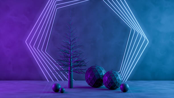 istock 3D Christmas Tree and Ornaments with Neon Lights on Black Background 1184324910