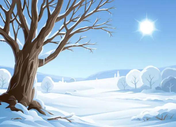 Vector illustration of Tree In Sunny Winter Landscape
