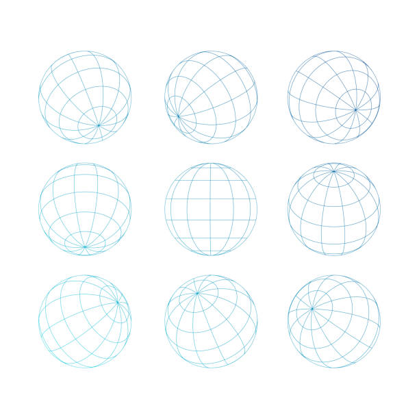 sphere globe with grid vector outline of a globe with grid design isolated white background on set wire frame model illustrations stock illustrations