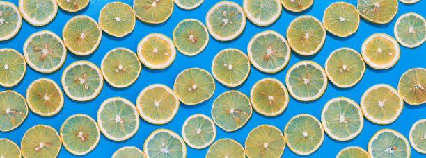 istock Lemon slices in lines with hard shadows on blue background, flat lay image. 1184328828