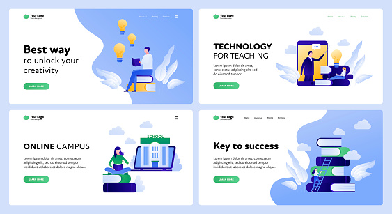 Vector flat online education landing page template set. Illustration for university, course, mooc, library, learning system. Concept of global way to improvement Design for website, app, banner, poster