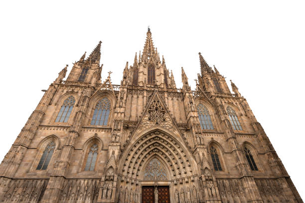 Facade of Barcelona Cathedral in gothic style isolated on white background. The Holy Cross and Saint Eulalia (Catedral de la Santa Cruz y Santa Eulalia). Catalonia, Spain - 13th, 15th centuries