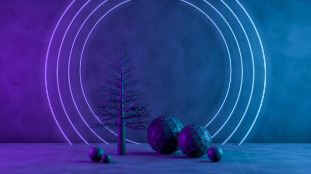istock 3D Christmas Tree and Ornaments with Neon Lights on Black Background 1184330840