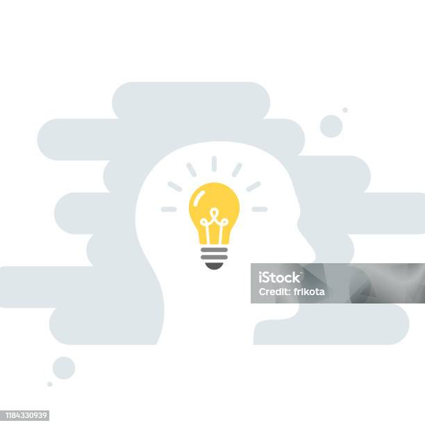 Männliche Kopf Und Gehirn Vektorsymbol Glühlampe Konzept Von Kreativität Idee Lösung Vektorillustration Flaches Design Stock Vektor Art und mehr Bilder von Bildung