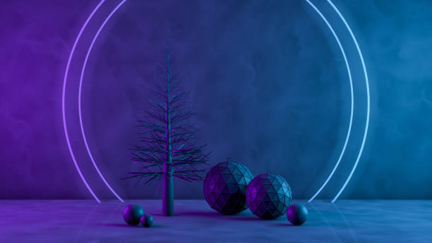 istock 3D Christmas Tree and Ornaments with Neon Lights on Black Background 1184331809
