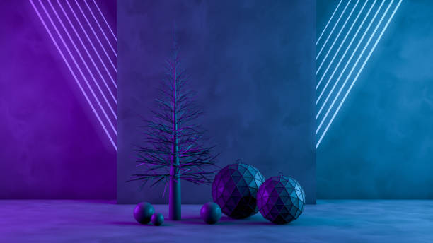 istock 3D Christmas Tree and Ornaments with Neon Lights on Black Background 1184332637