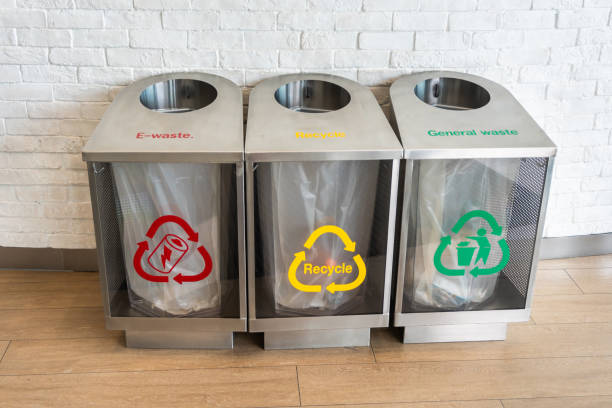 istock three modern waste bins Silver color for e-waste, recycle, general waste with red, yellow and green symbols 1184334743