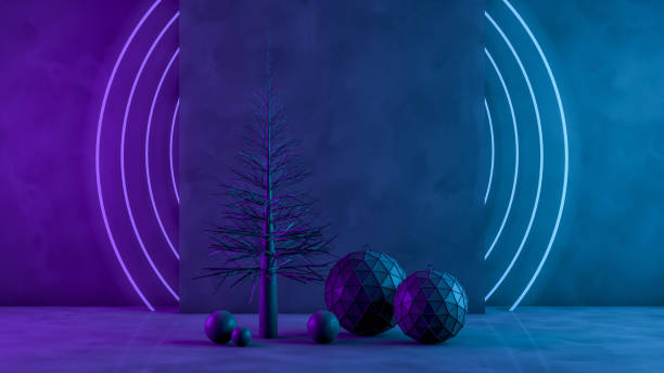 istock 3D Christmas Tree and Ornaments with Neon Lights on Black Background 1184335239