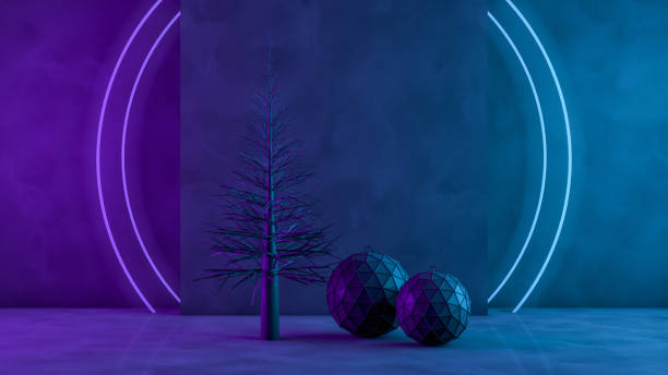 istock 3D Christmas Tree and Ornaments with Neon Lights on Black Background 1184335309