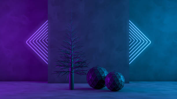 istock 3D Christmas Tree and Ornaments with Neon Lights on Black Background 1184336026