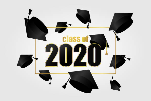 istock Class of 2020. Gold frame and black number with thrown up education academic cap. Template for graduation design, high school or college congratulation graduate, yearbook. Vector illustration. 1184340289