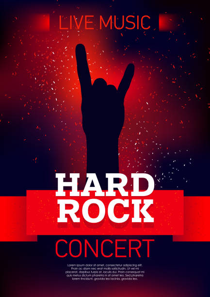Vertikale Hard-Rock-Musik-Vorlage mit Farbe abstrakte Elemente und Hand von Rocker. – Vektorgrafik