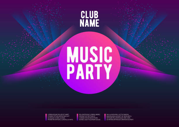 Horizontal music party poster with color graphic elements, dark background and text. - ilustração de arte vetorial