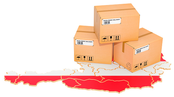 Parcels on the Austrian map. Shipping in Austria, concept. 3D rendering isolated on white background