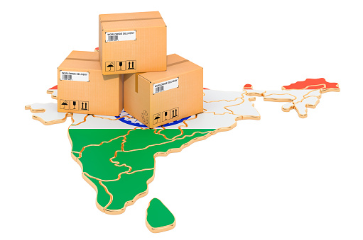 Parcels on the Indian map. Shipping in India, concept. 3D rendering isolated on white background