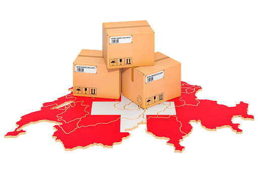 Parcels on the Swiss map. Shipping in Switzerland, concept. 3D rendering isolated on white background