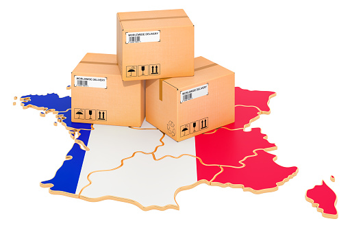Parcels on the French map. Shipping in France, concept. 3D rendering isolated on white background