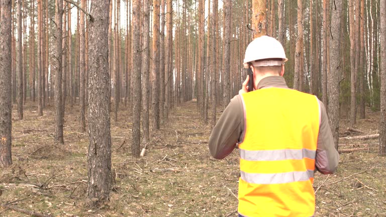 Young caucasian male inspector in a signal vest talking on the phone against the backdrop of the forest industry, copy space