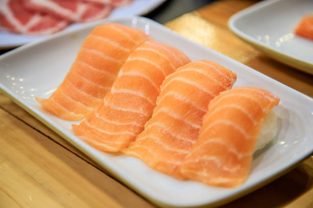istock Salmon sushi on a plate 1184348327
