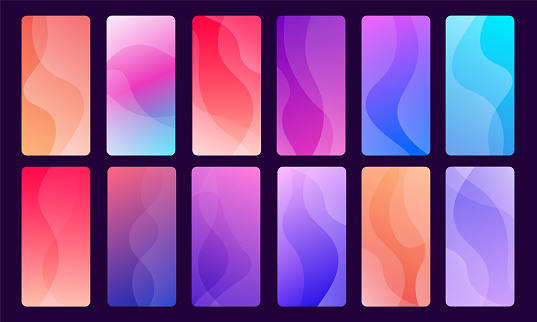 Set of 12 trendy and beautiful mobile phone wallpapers using, gradients and abstract waves. Used for mobile phone apps and websites backgrounds.