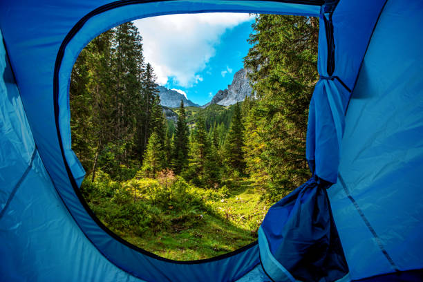 istock Beautiful Austrian countryside landscape view seen from inside a tent 1184351622