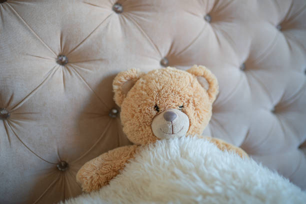 istock Teddy bear sleeps under a sheep blanket on the bed in the room 1184353322
