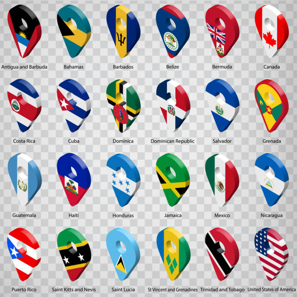 dwadzieścia cztery flagi krajów amerykańskich - kolejność alfabetyczna z nazwą.  zestaw znaków geolokalizacji 3d, takich jak flagi narodowe ameryki północnej i środkowej. dwadzieścia cztery znaki geolokalizacji 3d. eps10. - alphabetical order obrazy stock illustrations