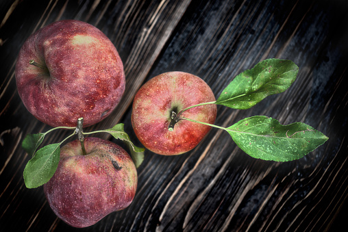 A close-up of organic red apples sitting on a rustic wooden table, with a blurred background
