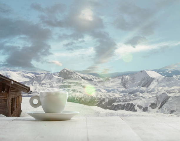 istock Single tea or coffee mug and landscape of mountains on background 1184354763