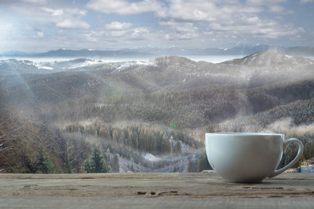 istock Single tea or coffee mug and landscape of mountains on background 1184354783
