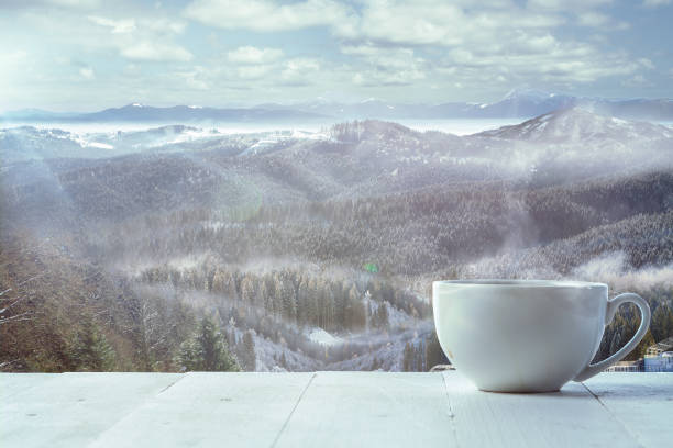 istock Single tea or coffee mug and landscape of mountains on background 1184354799