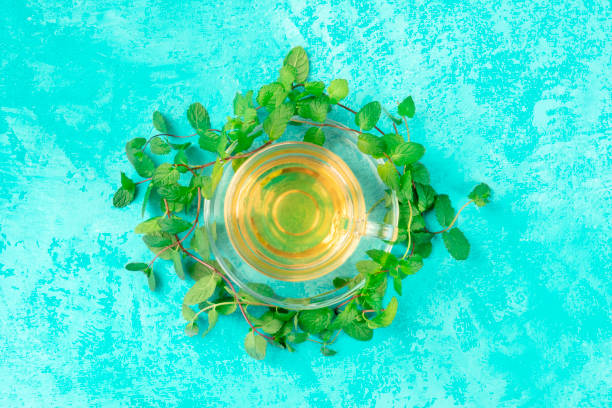 istock Mint tea cup, shot from the top on a turquoise blue background with vibrant fresh mint leaves 1184355019