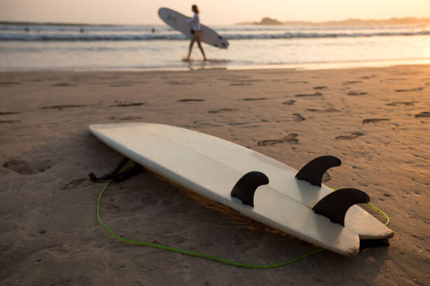 istock Woman surfer walking with surfboard on sunset beach 1184359447