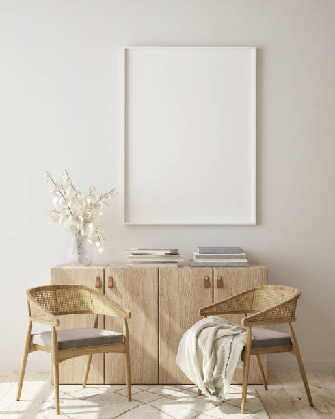 istock mock up poster frame in modern interior background, scandinavian style, 3D render 1184359931