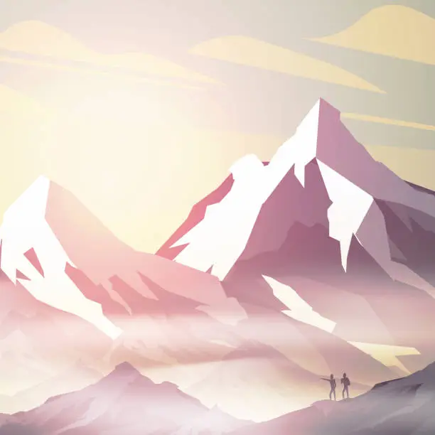Vector illustration of Sunrise in mountains landscape with explorers