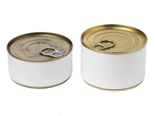 istock Tin cans with blank label and with key on the cap, isolated on white background. 1184361696