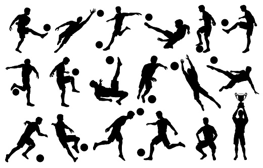 set silhouettes soccer football players, goalkeeper, team champion with cup, soccer ball in various poses, vector isolated on white background