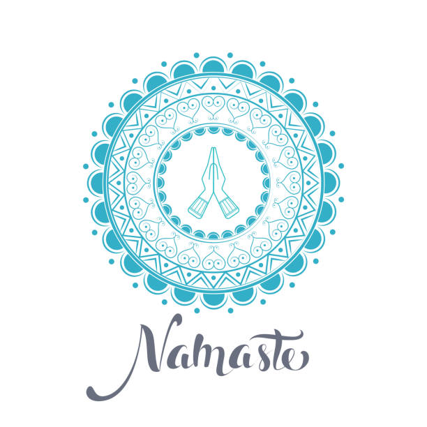 ilustraciones, imágenes clip art, dibujos animados e iconos de stock de señal de namaste. hola en hindi. flor de loto aislada sobre fondo blanco. cita positiva motivacional. emblema del centro de yoga. ilustración vectorial vintage. - añjali mudrā saludo