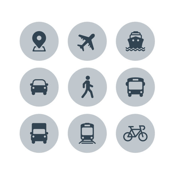 transportsymbole. flugzeug, öffentlicher bus, zug, schiff/fähre, auto, zufuß mann, fahrrad, lkw und auto-schilder. versandlieferungssymbol. luftpost-zustellungszeichen. vektor - verkehrsmittel stock-grafiken, -clipart, -cartoons und -symbole