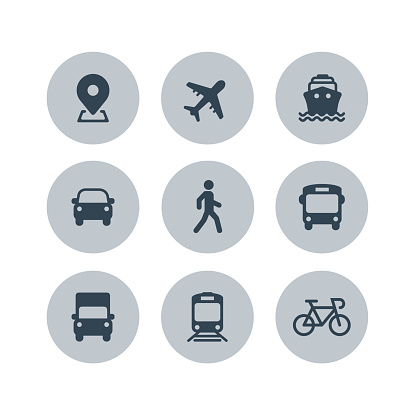 Transport icons. Airplane, Public bus, Train, Ship/Ferry, Car, walk man, bike, truck and auto signs. Shipping delivery symbol. Air mail delivery sign. Vector