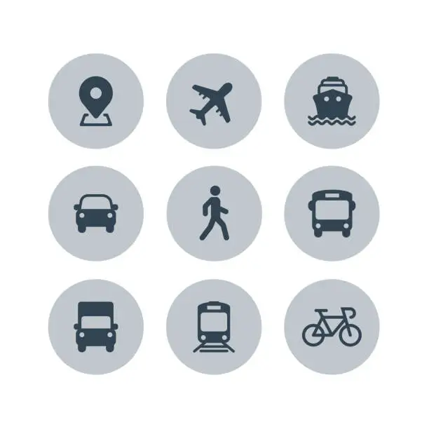Vector illustration of Transport icons. Airplane, Public bus, Train, Ship/Ferry, Car, walk man, bike, truck and auto signs. Shipping delivery symbol. Air mail delivery sign. Vector