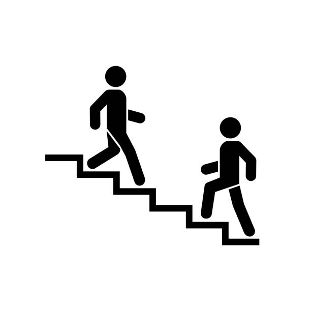 2階の階下のアイコンサイン。階段で男を歩きなさい。キャリア記号。フラットなデザイン。ベクターの図。 - moving down symbol computer icon people点のイラスト素材／クリップアート素材／マンガ素材／アイコン素材