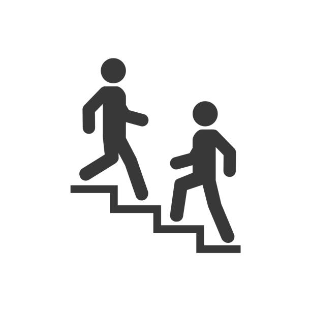 ilustrações de stock, clip art, desenhos animados e ícones de upstairs-downstairs icon sign. walk man in the stairs. career symbol. flat design. vector illustration. - upstairs
